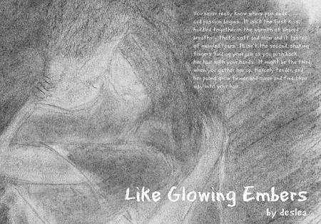 Like Glowing Embers cover art by Deslea.  I wound up going for sketch art without the actors' likenesses for this couplet of stories because the first of the two, Caro de carne mea, showed the characters in a sexual situation.